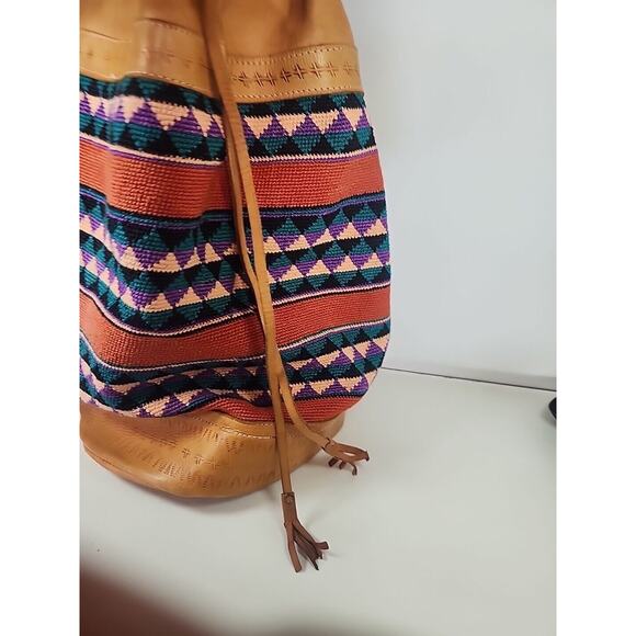 LARGE BACKPACK HAND WOVEN WOOL KILIM TOOLED LEATHER VTG SLING PURSE TOTE BAG main image 10